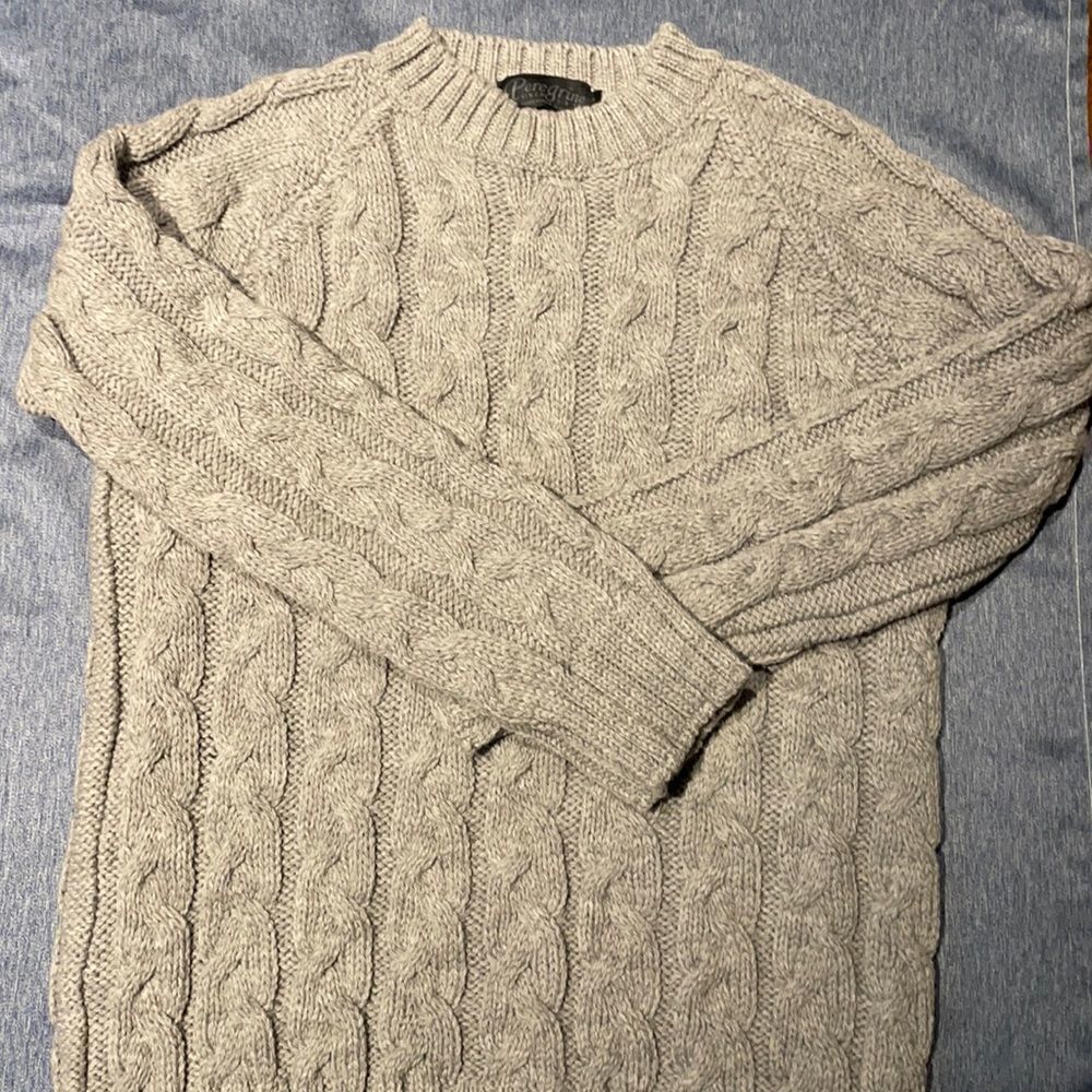 Peregrine 100% Pure New Wool Grey Cable Crewneck Sweater